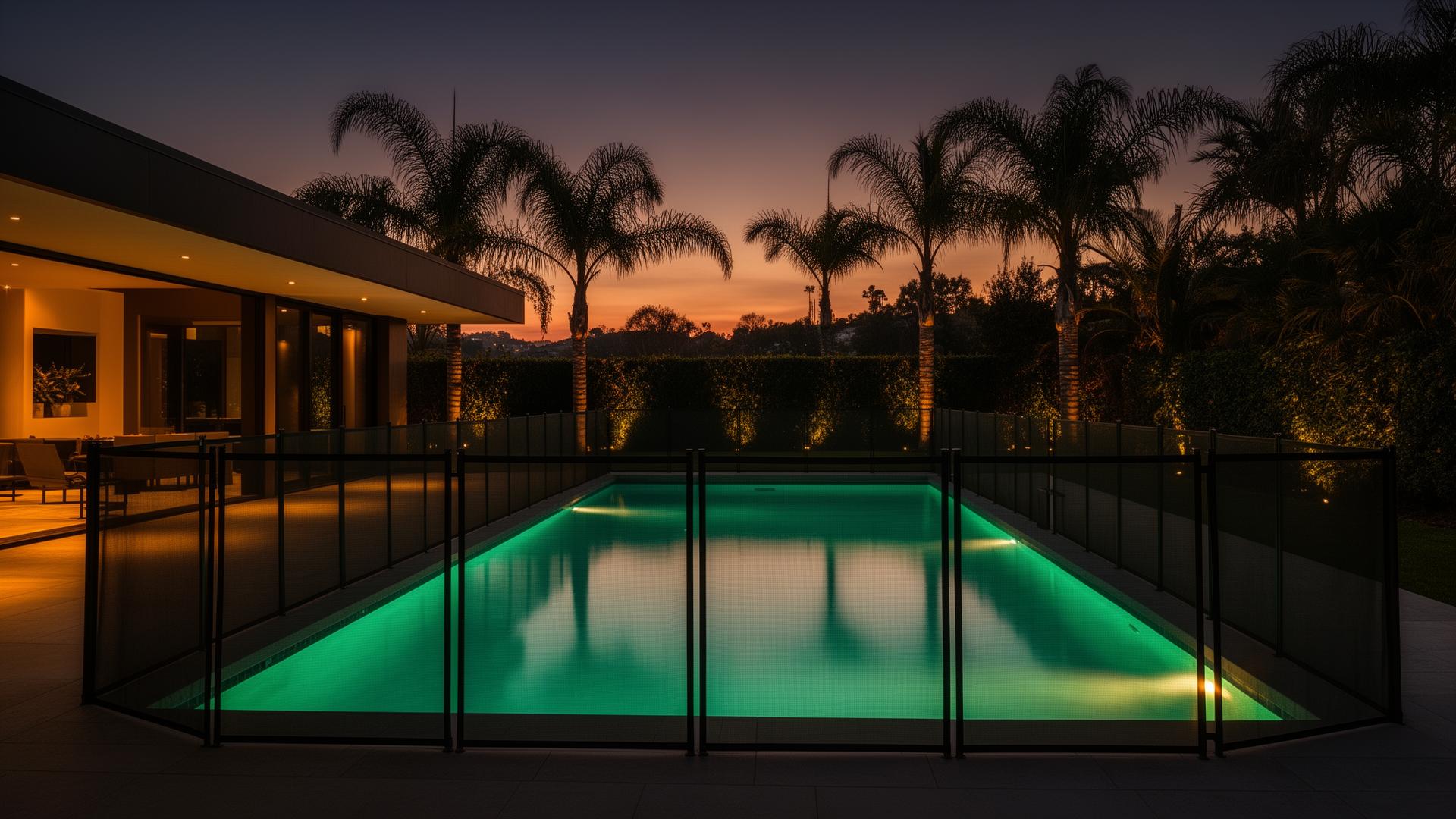 Luxury California backyard pool with premium removable safety fence at twilight